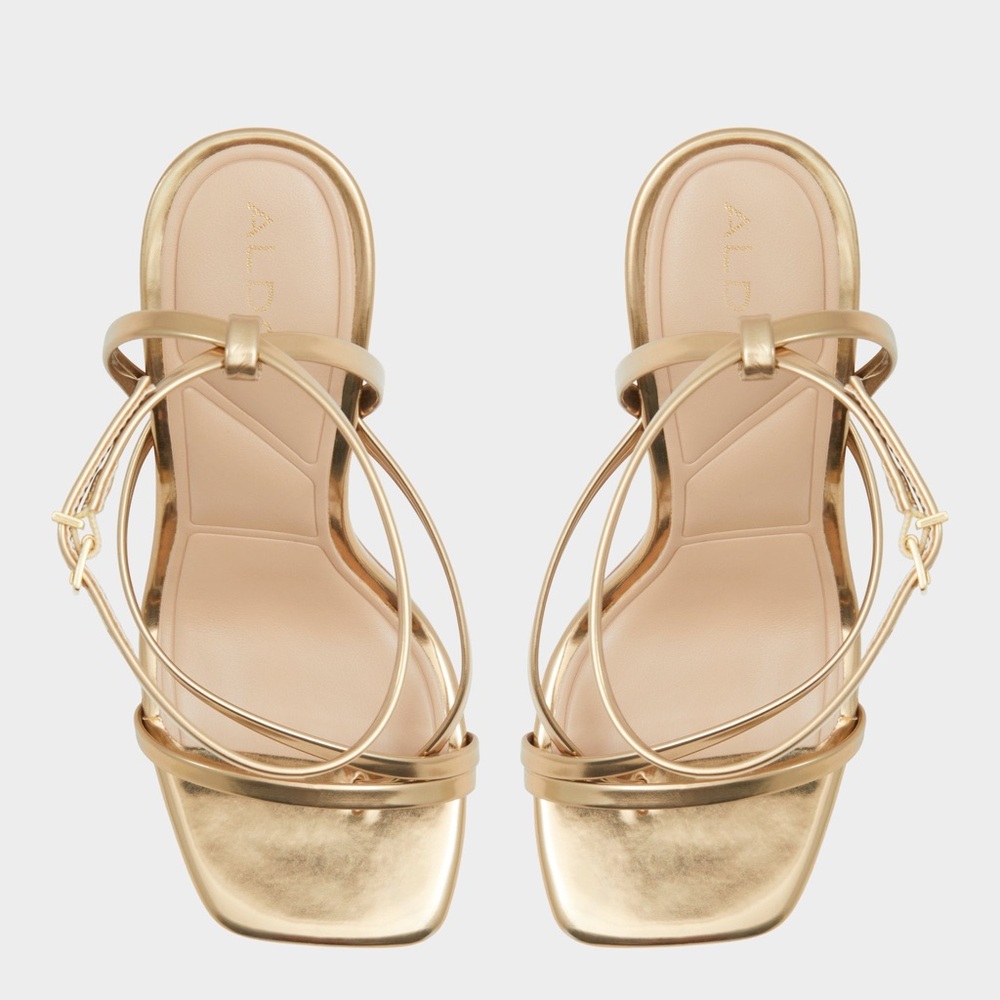 ALDO Metallic Gold Strappy Square-Toe Slide Heel Cushion Pillow Walk